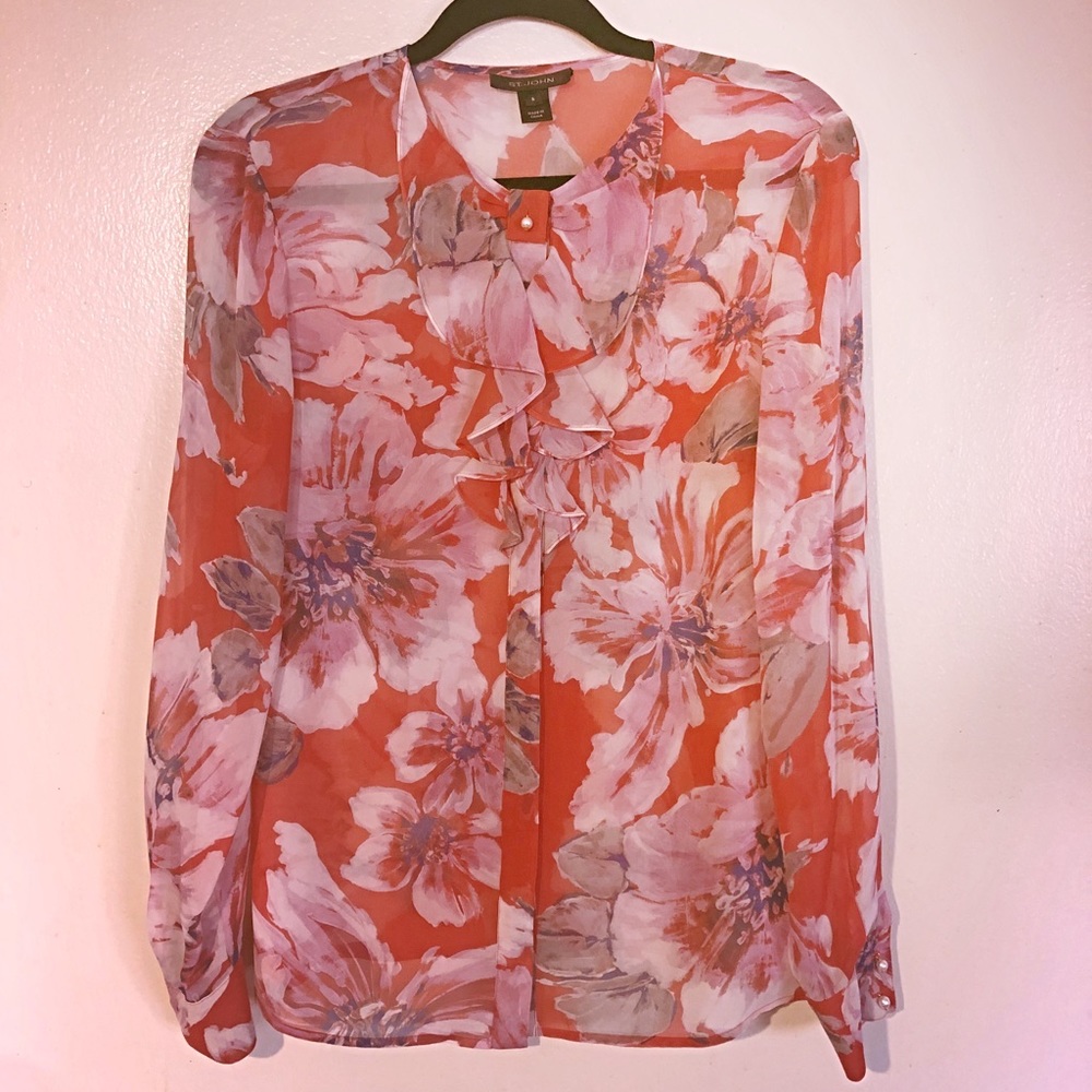St. John floral silk ruffle neck blouse 6